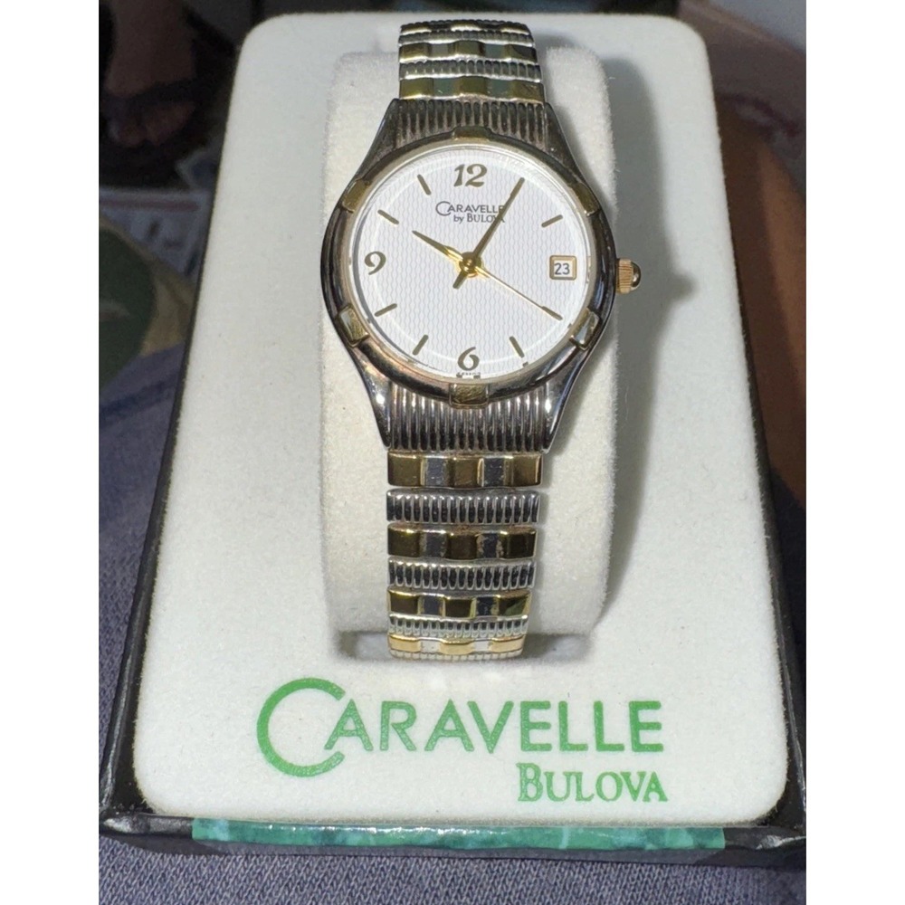 CARAVELLE by BULOVA Womens Two Tone‎ Watch, Stretch Band, White Dial w/ Date New